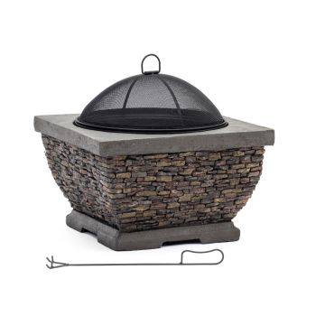 Premium Burning Stone Fire Pit and Patio Heater - Composite Stone/Steel/Wood - L56 x W56 x H47 cm - Multi