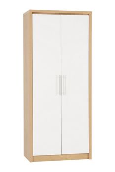 Seville 2 Door Wardrobe - L47 x W76 x H180 cm - White High Gloss/Light Oak Effect Veneer