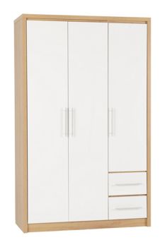 Seville 3 Door 2 Drawer Wardrobe - L47 x W111 x H180 cm - White High Gloss/Light Oak Effect Veneer