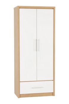 Seville 2 Door 1 Drawer Wardrobe - L47 x W76 x H180 cm - White High Gloss/Light Oak Effect Veneer