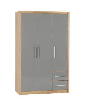 Seville 3 Door 2 Drawer Wardrobe - L47 x W111 x H180 cm - Grey High Gloss/Light Oak Effect Veneer