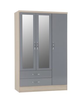 Nevada 3 Door 2 Drawer Mirrored Wardrobe - L52 x W116 x H182.5 cm - Grey Gloss/Light Oak Effect Veneer