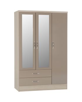 Nevada 3 Door 2 Drawer Mirrored Wardrobe - L52 x W116 x H182.5 cm - Oyster Gloss/Light Oak Effect Veneer
