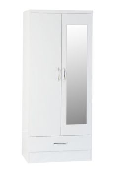 Nevada Mirrored 2 Door 1 Drawer Wardrobe - L52 x W78 x H182.5 cm - White Gloss