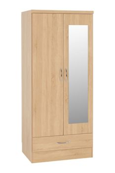 Nevada Mirrored 2 Door 1 Drawer Wardrobe - L52 x W78 x H182.5 cm - Sonoma Oak Effect