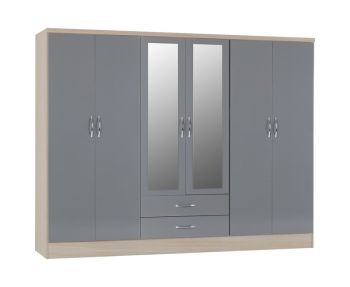 Nevada 6 Door 2 Drawer Mirrored Wardrobe - L52 x W230 x H182.5 cm - Grey Gloss/Light Oak Effect Veneer