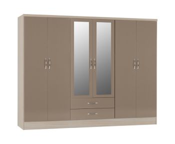 Nevada 6 Door 2 Drawer Mirrored Wardrobe - L52 x W230 x H182.5 cm - Oyster Gloss/Light Oak Effect Veneer