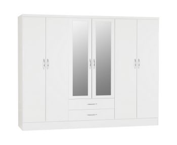 Nevada 6 Door 2 Drawer Mirrored Wardrobe - L52 x W230 x H182.5 cm - White Gloss