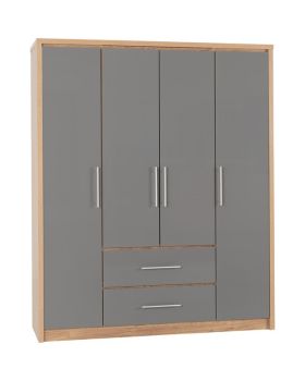 Seville 4 Door 2 Drawer Wardrobe - L47 x W148.5 x H179.5 cm - Grey High Gloss/Light Oak Effect Veneer