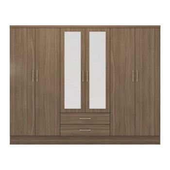 Nevada 6 Door 2 Drawer Mirrored Wardrobe - L52 x W230 x H182.5 cm - Rustic Oak Effect
