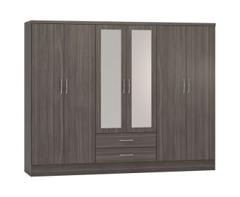 Nevada 6 Door 2 Drawer Mirrored Wardrobe - L52 x W230 x H182.5 cm - Black Wood Grain