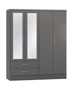 Nevada 4 Door 2 Drawer Mirrored Wardrobe - L52 x W154 x H182.5 cm - 3D Effect Grey