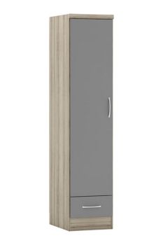 Nevada 1 Door 1 Drawer Wardrobe - L52 x W40 x H182.5 cm - Grey Gloss/Light Oak Effect Veneer