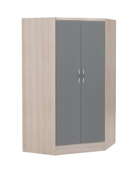 Nevada 2 Door Corner Wardrobe - L108 x W143 x H182.5 cm - Grey Gloss/Light Oak Effect Veneer