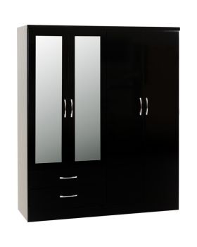 Nevada 4 Door 2 Drawer Mirrored Wardrobe - L52 x W154 x H182.5 cm - Black Gloss