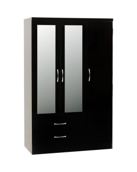 Nevada 3 Door 2 Drawer Mirrored Wardrobe - L52 x W116 x H182.5 cm - Black Gloss