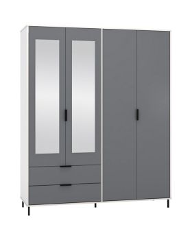 Madrid 4 Door 2 Drawer Mirrored Wardrobe - L52 x W160 x H196 cm - Grey/White Gloss