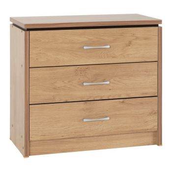 Charles 3 Drawer Chest - L40 x W80 x H74 cm - Oak Effect Veneer with Walnut Trim