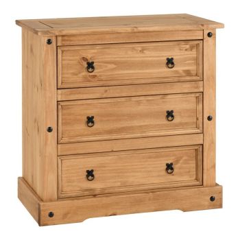 Corona 3 Drawer Chest - L48.5 x W92 x H92 cm - Distressed Waxed Pine