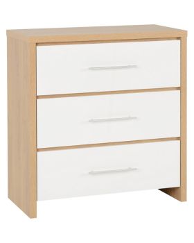 Seville 3 Drawer Chest - L39 x W80 x H86 cm - White High Gloss/Light Oak Effect Veneer