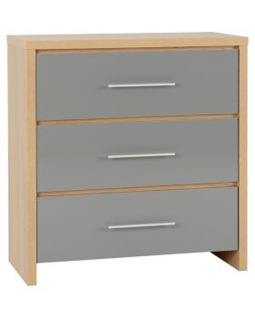 Seville 3 Drawer Chest - L39 x W80 x H86 cm - Grey High Gloss/Light Oak Effect Veneer