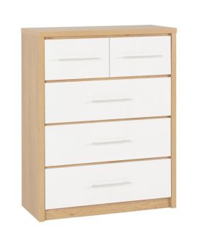 Seville 3+2 Drawer Chest - L39.5 x W85 x H110.5 cm - White High Gloss/Light Oak Effect Veneer