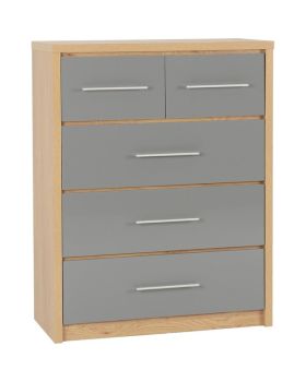 Seville 3+2 Drawer Chest - L39.5 x W85 x H110.5 cm - Grey High Gloss/Light Oak Effect Veneer