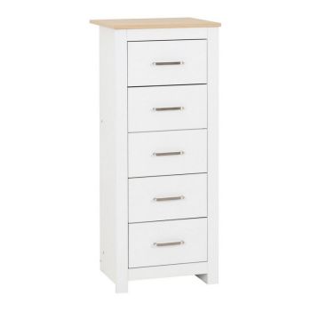 Portland 5 Drawer Narrow Chest - L40 x W48 x H114 cm - White/Oak Effect