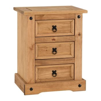 Corona 3 Drawer Bedside - L39 x W53 x H67 cm - Distressed Waxed Pine