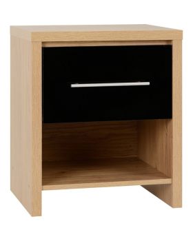 Seville 1 Drawer Bedside - L39 x W47 x H56 cm - Black High Gloss/Light Oak Effect Veneer