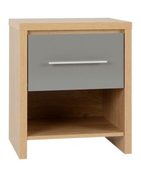 Seville 1 Drawer Bedside - L39 x W47 x H56 cm - Grey High Gloss/Light Oak Effect Veneer