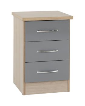 Nevada 3 Drawer Bedside - L40 x W40 x H61 cm - Grey Gloss/Light Oak Effect Veneer