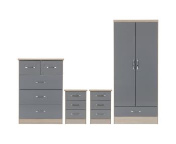 Nevada 2 Door 1 Drawer Wardrobe Bedroom Set - Grey Gloss/Light Oak Effect Veneer