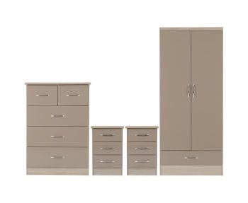 Nevada 2 Door 1 Drawer Wardrobe Bedroom Set - Oyster Gloss/Light Oak Effect Veneer