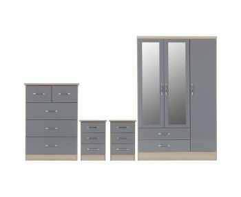 Nevada 3 Door 2 Drawer Mirrored Wardrobe Bedroom Set - Grey Gloss/Light Oak Effect Veneer