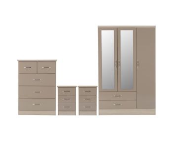 Nevada 3 Door 2 Drawer Mirrored Wardrobe Bedroom Set - Oyster Gloss/Light Oak Effect Veneer