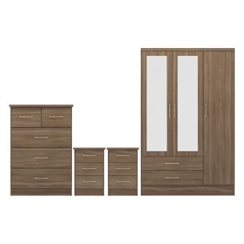 Nevada 3 Door 2 Drawer Mirrored Wardrobe Bedroom Set - Rustic Oak Effect