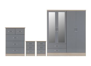 Nevada 4 Door 2 Drawer Mirrored Wardrobe Bedroom Set - Grey Gloss/Light Oak Effect Veneer