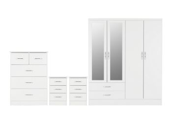 Nevada 4 Door 2 Drawer Mirrored Wardrobe Bedroom Set - White Gloss