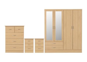Nevada 4 Door 2 Drawer Mirrored Wardrobe Bedroom Set - Sonoma Oak Effect