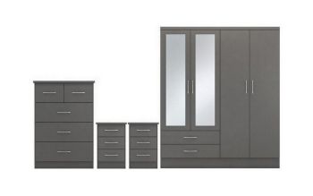 Nevada 4 Door 2 Drawer Mirrored Wardrobe Bedroom Set - 3D Effect Grey