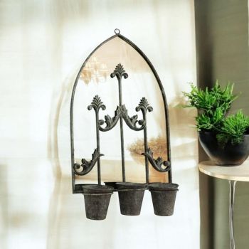 Rusty Wall Mirror with Triple Planter - Distressed Metal - L15 x W45 x H78 cm - Dark Grey