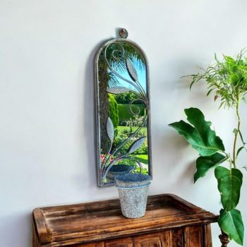 Leaf Design Wall Mirror with Single Planter - Distressed Metal - L15 x W20 x H65 cm