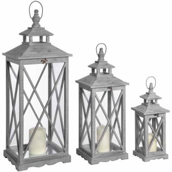 Set Of Three Wooden Lanterns With Traditional Cross Section - L31 x W31 x H84 cm