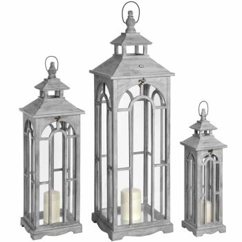 Set Of Three Wooden Lanterns With Archway Design - L31 x W31 x H104 cm