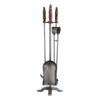 Hand Turned Fire Companion Set in Antique Pewter with Wooden Handles - Metal/Wood - W17 x H64 cm - Black/Brown