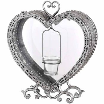 Free Standing Heart Tealight Lantern - Glass/Metal - L11 x W33 x H38 cm - Antique Silver