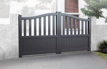 Double Swing Gate 4000x2200mm Grey - Partial Privacy Driveway Gate with Vertical Solid Infill and Bell-Curved Top