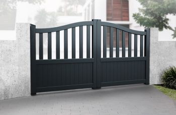 Double Swing Gate 3750x1600mm Black - Partial Privacy Driveway Gate with Vertical Solid Infill and Bell-Curved Top