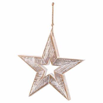 Antique Wooden Sparkle Star - Wood - L4 x W35 x H35 cm - White